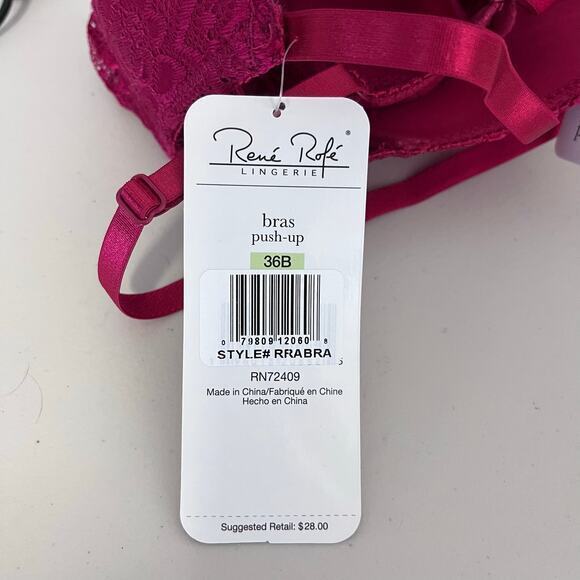 Rene Rofe Push Up Padded‎ Bra Womens 36B Cherry Red Maroon Burgundy Lace NWT - Picture 3 of 4